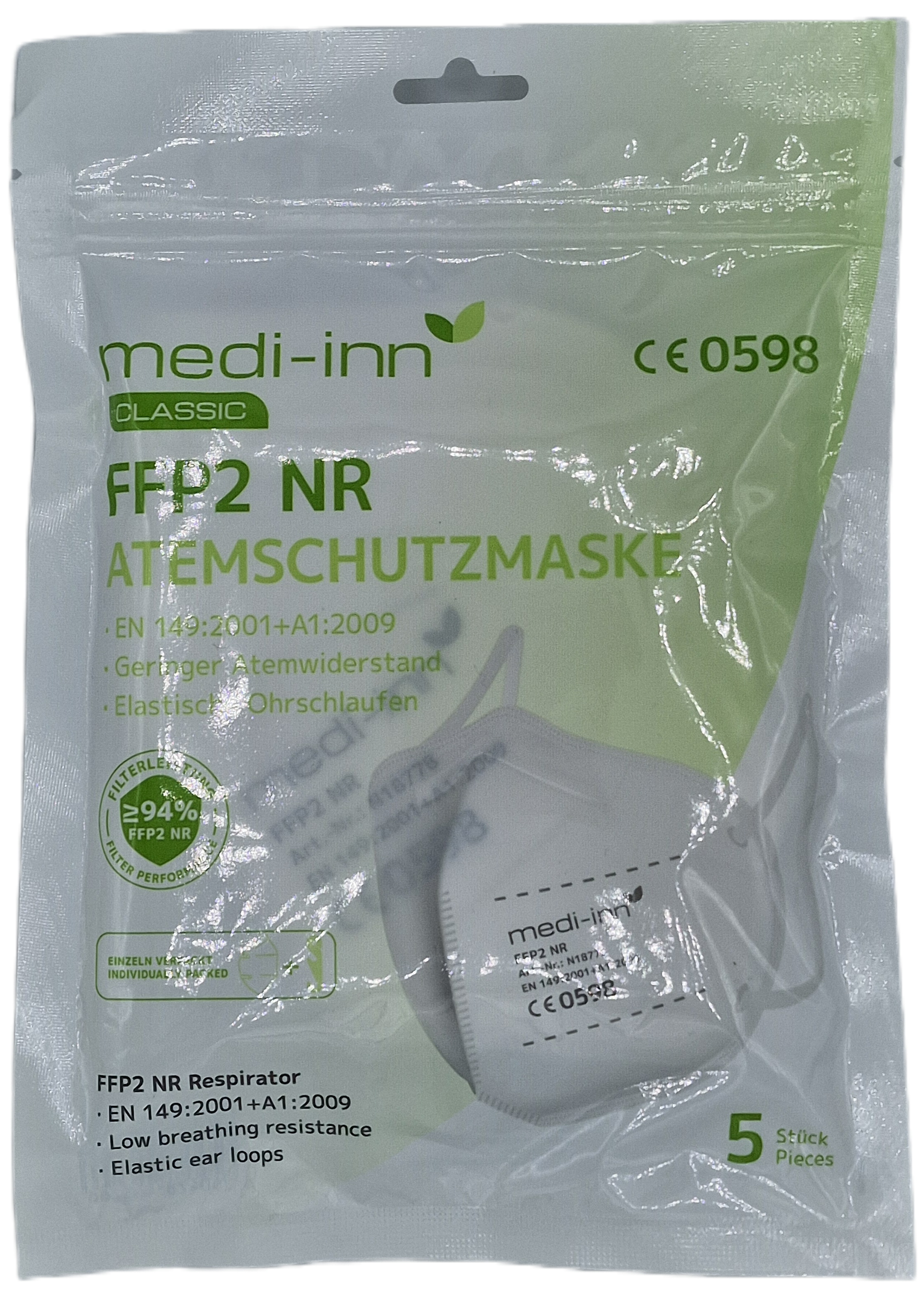Atemschutzmaske für den einmaligen Gebrauch, mit flexiblem 
Nasenbügel, latexfrei, einzeln verpackt. 

Persönliche Schutzausrüstung der Kategorie III gemäß Verordnung 
(EU) 2016/425. 

Menge in der Einzelverpackung 
Einzelverpackung pro Karton 
5 Stk (einzeln unterverpackt) 
100 Stk 
Art der Einzelverpackung 
Polybeutel 
Kartonmaße (T x H x B) 
42,0 x 33,0 x 30,0 cm 
Lagerungshinweise 
Trocken zwischen -20 °C bis 40 °C und einer 
maximalen relativen Feuchte von < 80 % lagern.